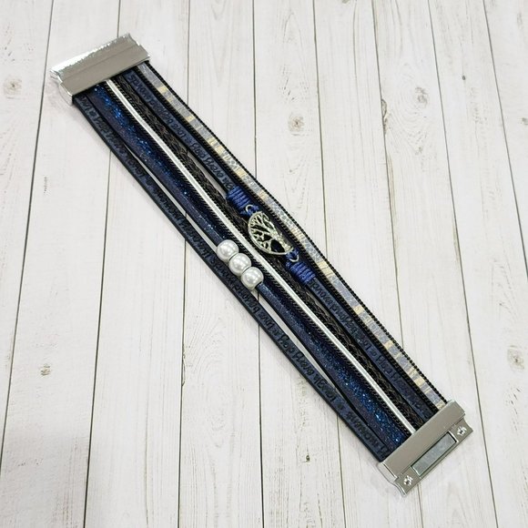 Multilayer Leather Bangle Magnetic Clasp Bracelet for Men or Women 7.5in Blue - Picture 5 of 10